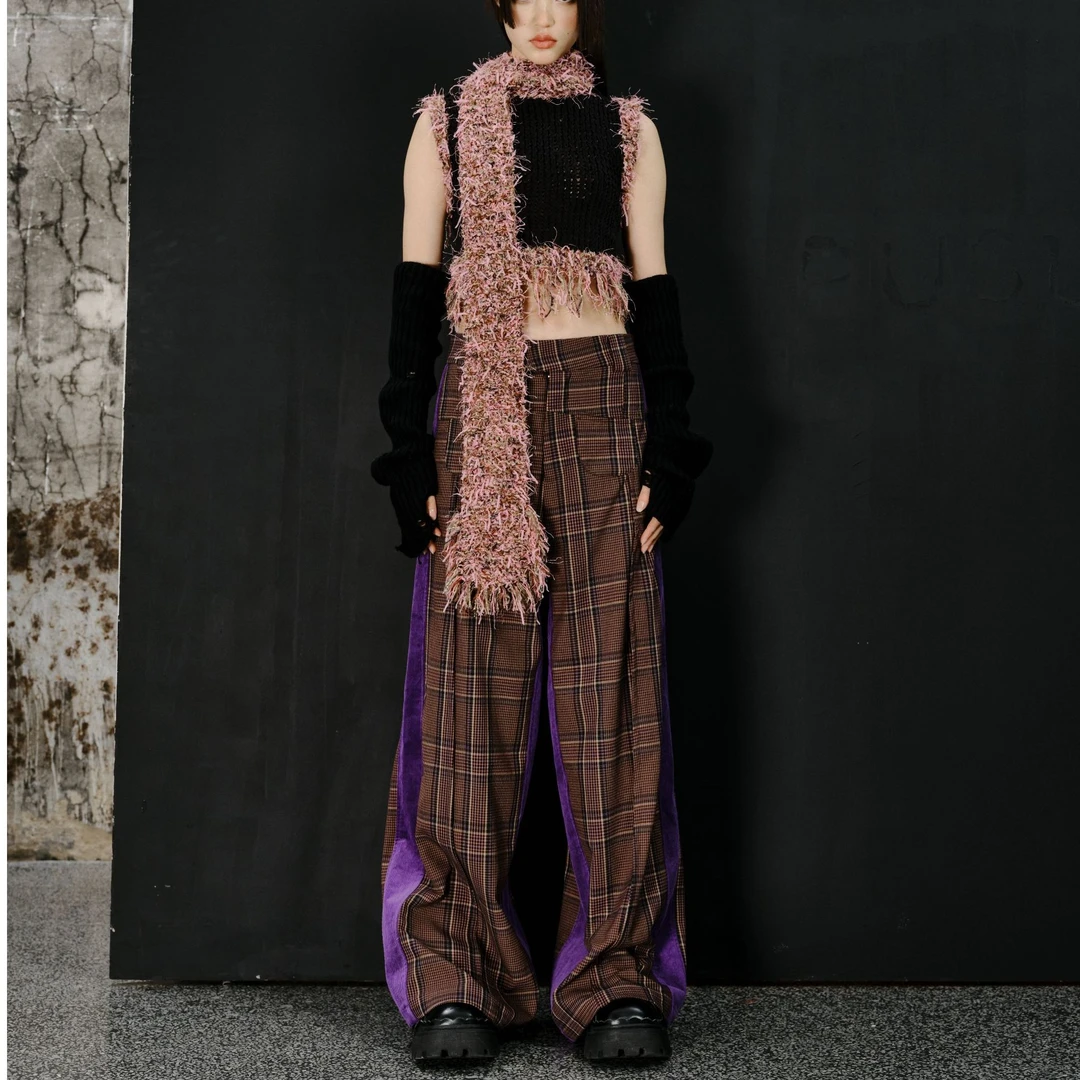 YANAG紫色格纹拼接贴袋阔腿裤