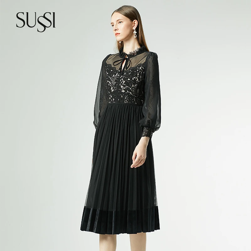 【黑天鹅】SUSSI/古色小立领黑色下摆拼丝绒连衣裙女装39370401