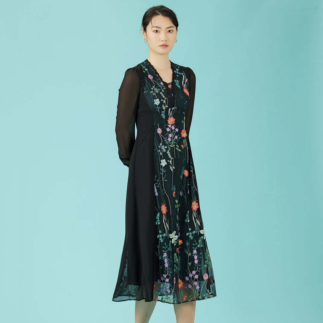 【丝绣浮光】SUSSI/古色秋季新品黑网绣花V领灯笼袖X型连衣裙