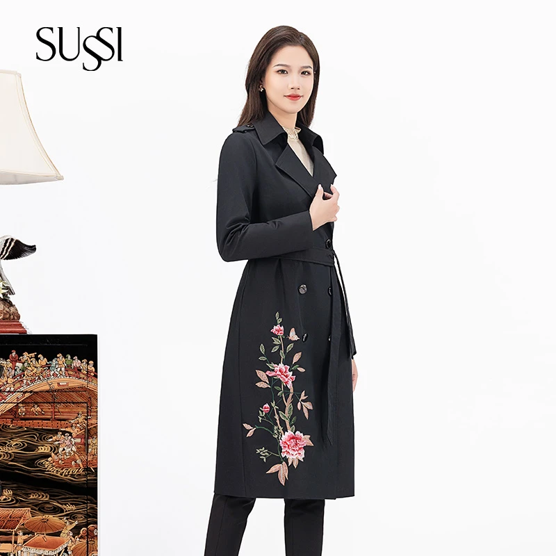 SUSSI/古色冬黑色中式日常中国风优雅修身翻领刺绣收腰通勤风中