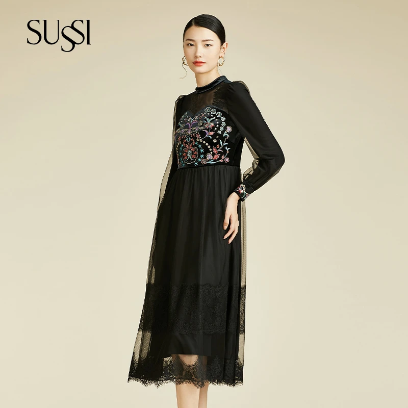 【明月】SUSSI/古色黑色网纱刺绣立领泡泡长袖连衣裙