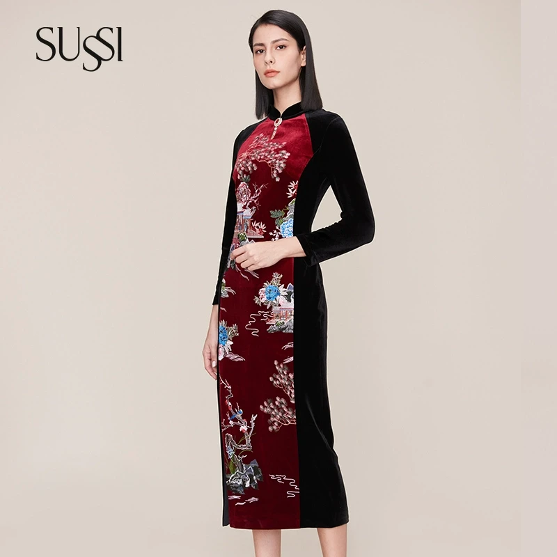 SUSSI古色冬季商场同款新年红装新中式丝绒婚宴连衣裙女