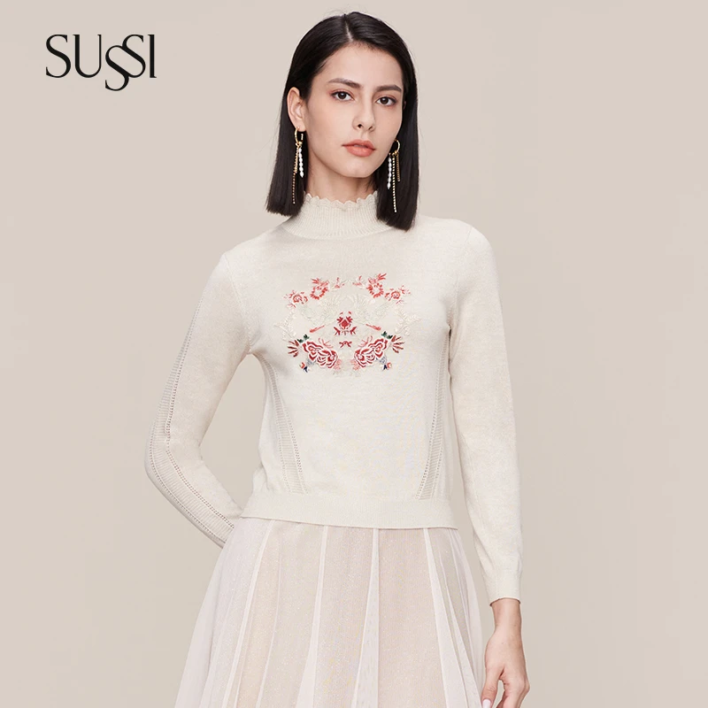 SUSSI/古色冬季高端新品商场同款杏色刺绣花毛衣内搭11AV4011160