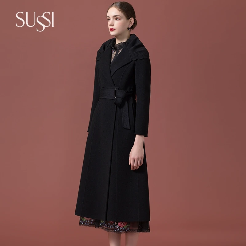 SUSSI/古色冬季新品长安大都商场同款连帽系带大衣气质时尚女士