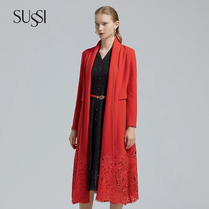 SUSSI/古色春季新年红装拼蕾丝气质复古长袖长大衣2201D1070
