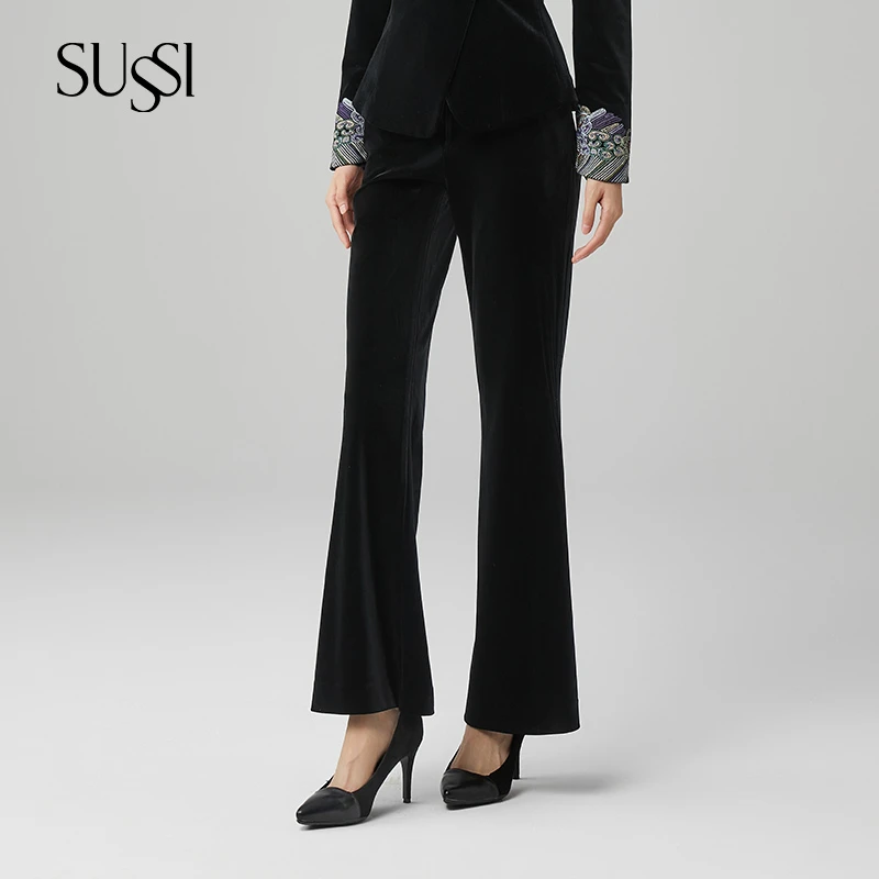 SUSSI/古色24春夏商场同款黑色通勤风百搭通勤丝绒长裤女