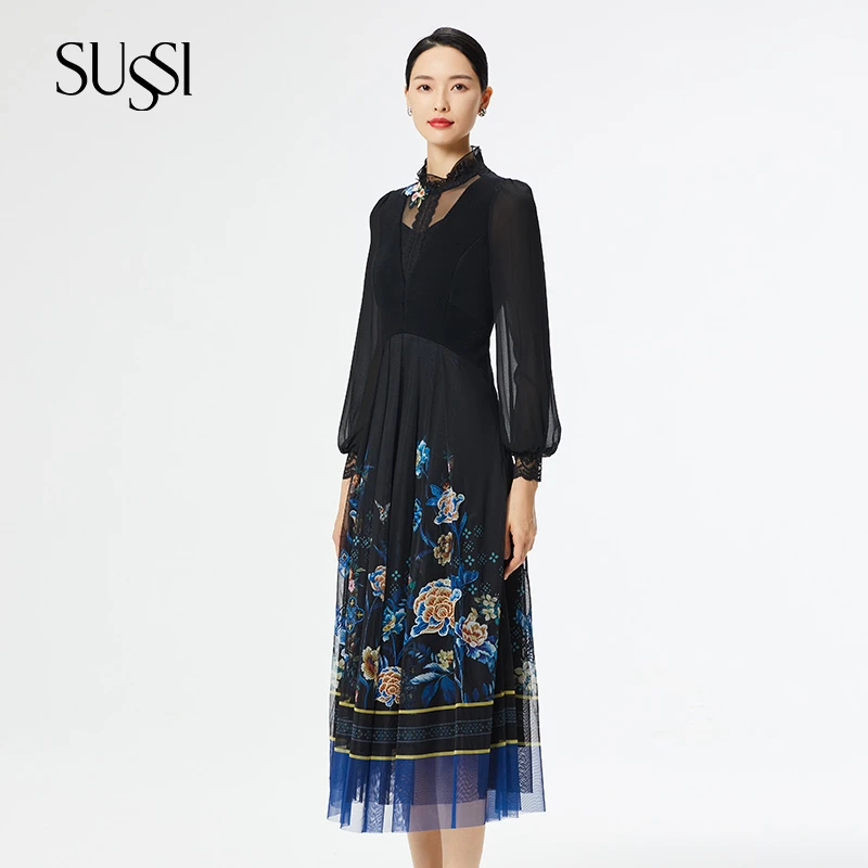 SUSSI/古色25春秋商场同款黑色高领刺绣印花中长款网纱连衣裙