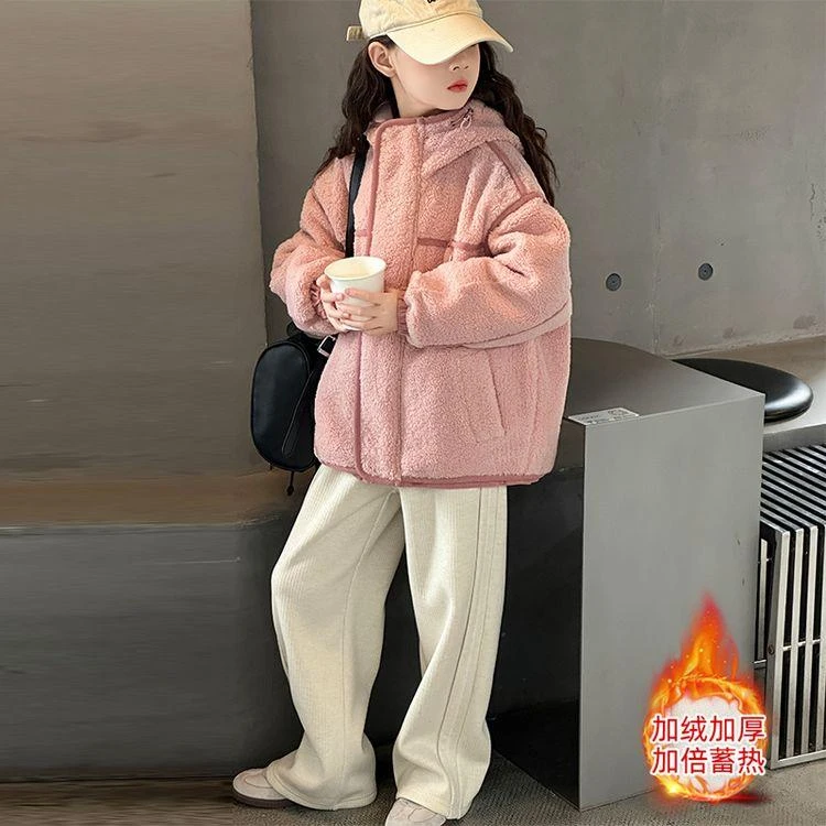 女童加绒外套秋冬装2024新款女大童羊羔绒加厚上衣儿童夹棉毛毛衣