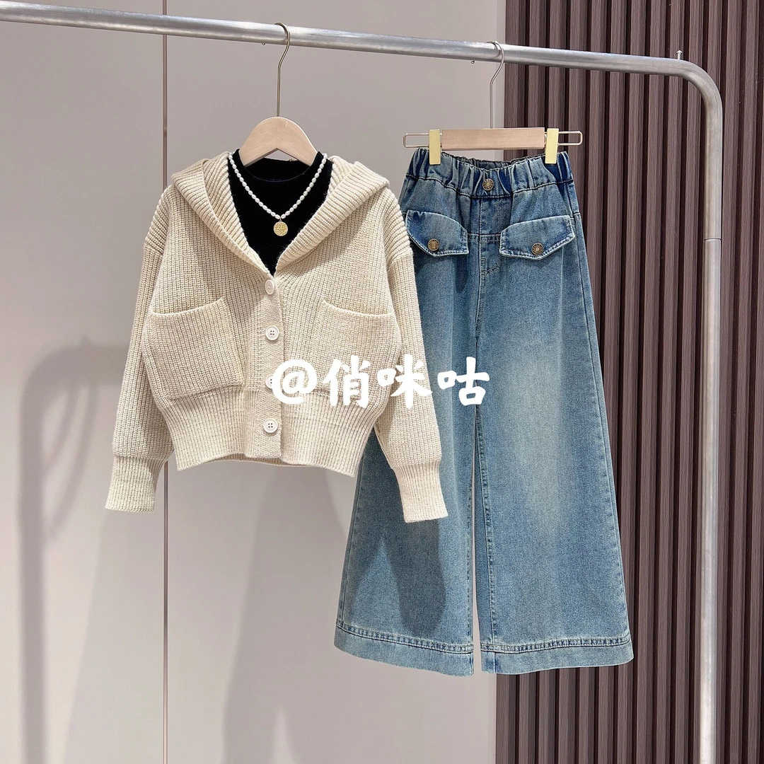 俏咪咕女童春秋时尚洋气时尚连帽开衫毛衣牛仔阔腿裤套装