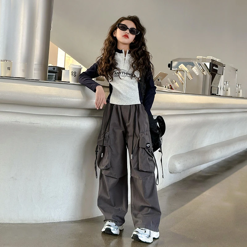 俏咪咕女童春季新款韩版宽松休闲打底衫大口袋工装裤套装双11