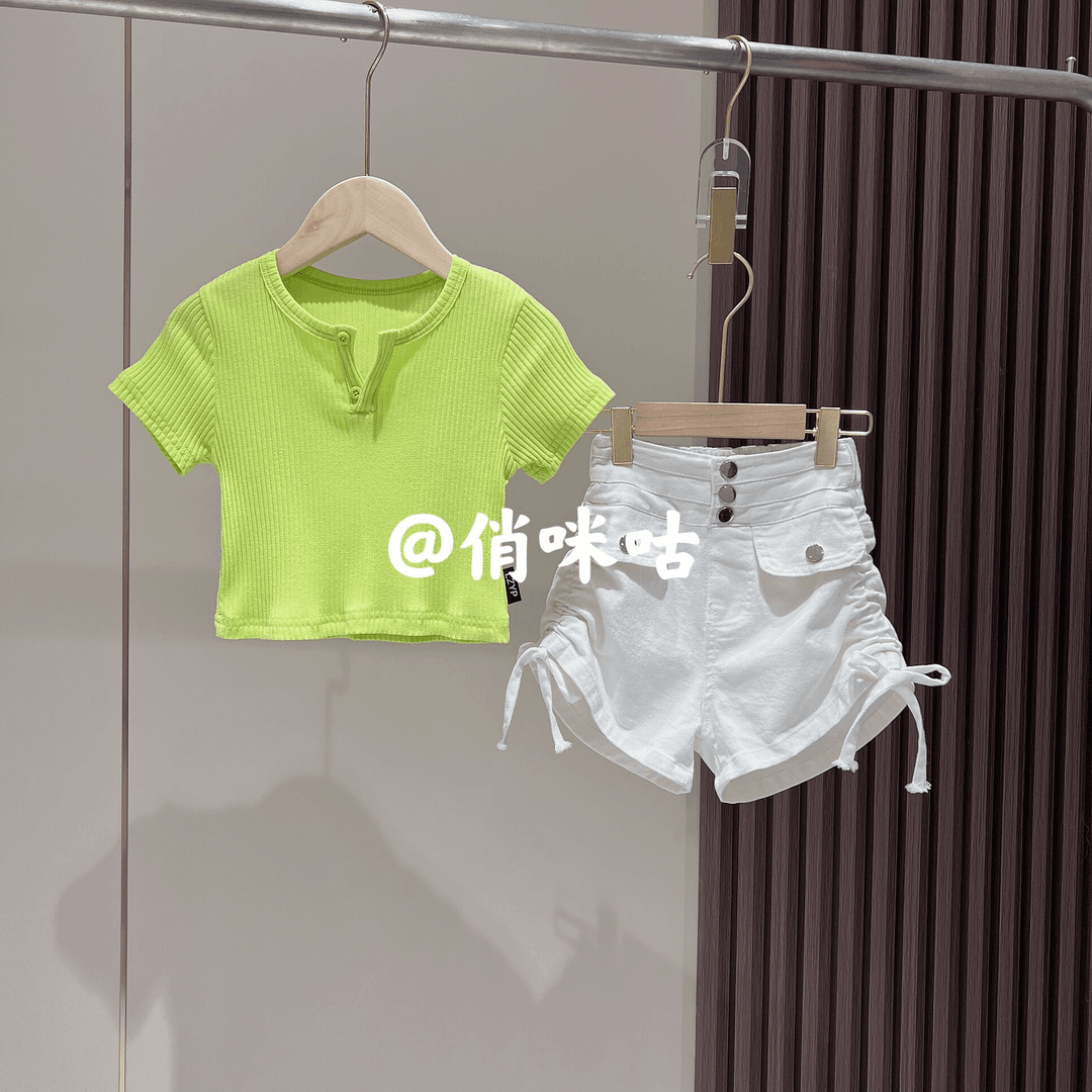 俏咪咕女童夏季韩版时髦糖果色T恤抽绳短裤套装