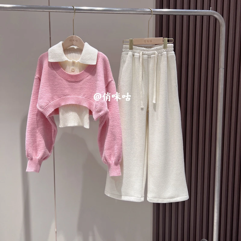 女童冬季新款韩版时尚洋气慵懒风真两件毛衣云朵加绒阔腿裤套装