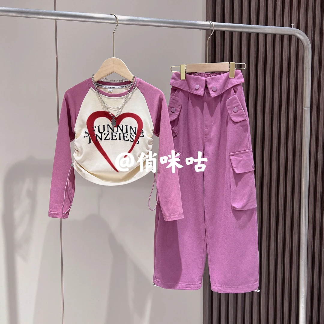 俏咪咕女童秋季新款韩版爱心拼色T恤网红工装裤套装