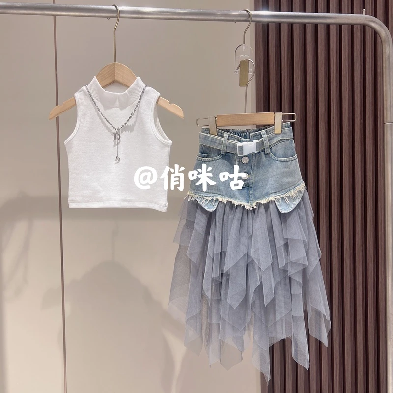 俏咪咕女童夏季新款韩版时尚无袖背心网纱拼接牛仔裙套装流光风