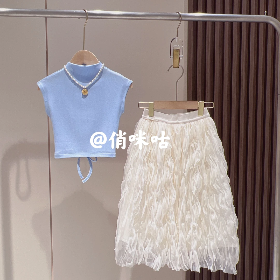 俏咪咕女童夏季新款韩版洋气淑女小飞袖T恤工艺网纱半身裙套装