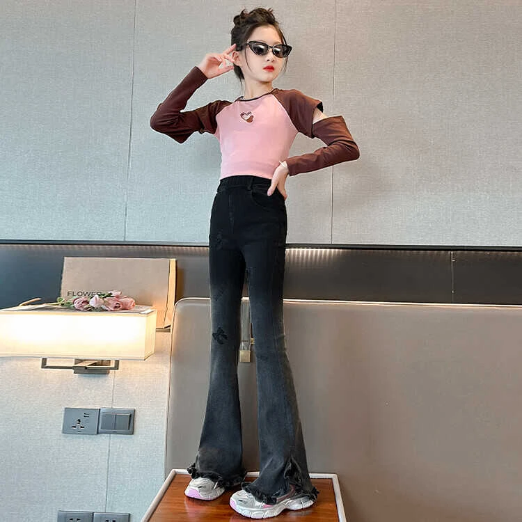 女童喇叭裤春秋网红洋气2024新款儿童高腰牛仔裤修身弹力微喇裤子