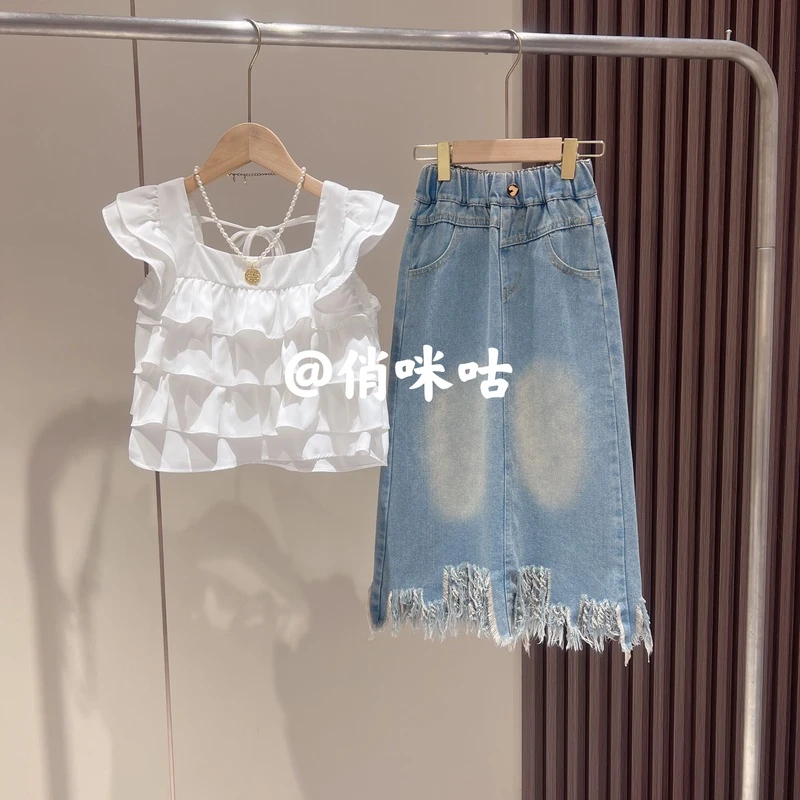 俏咪咕女童夏季新款韩版时尚女童小飞袖上衣中大童牛仔裙套装