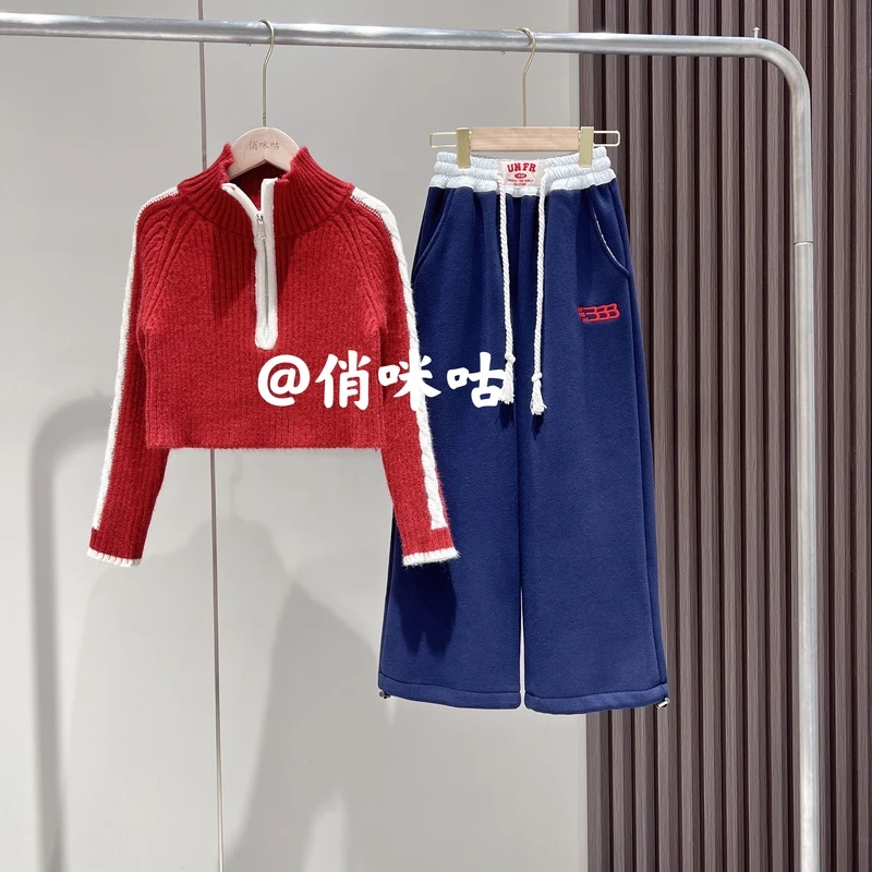 女童毛衣秋冬洋气时尚中大童女孩半拉链高领短款针织衫上衣儿童装