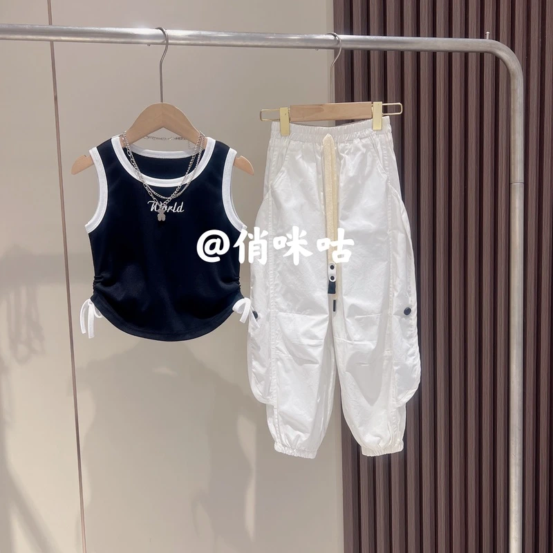 俏咪咕女童夏季新款韩版个性设计感抽绳背心纯色宽松工装裤套装