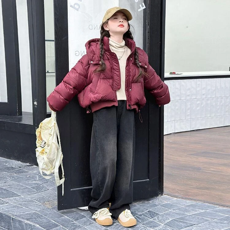 女童洋气红色短款抽绳面包服冬季2024新款儿童韩版加厚羽绒服棉服
