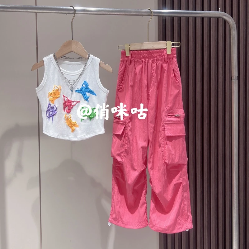 俏咪咕女童夏季新款韩版时尚蝴蝶短袖洋气中大童宽松工装裤套装