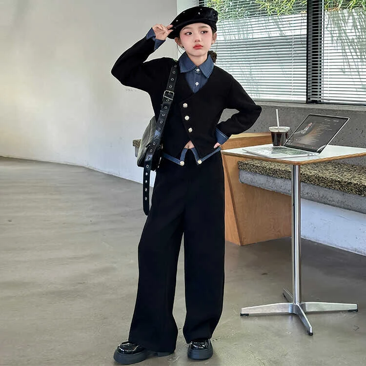 女童休闲套装秋款2024新款韩版中大童拼接牛仔假两件阔腿裤两件套