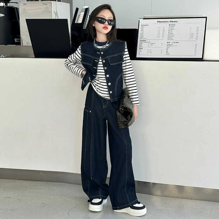 女童春秋装儿童时髦韩版条纹打底衫女孩牛仔马甲阔腿裤炸街三件套