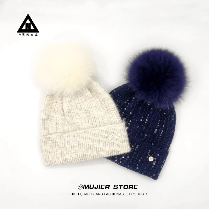 澳洲羊毛亮片针织帽子女秋冬季保暖护耳大头围狐狸毛球毛线帽冷帽