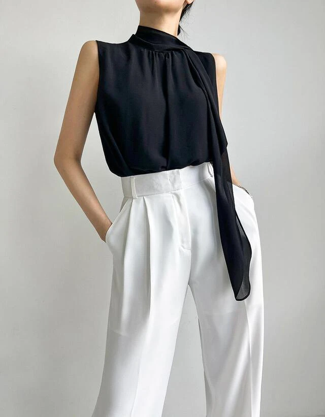 独特漂亮小衫遮肚子挂脖白色飘带气质夏季宽松时尚薄款大码上衣