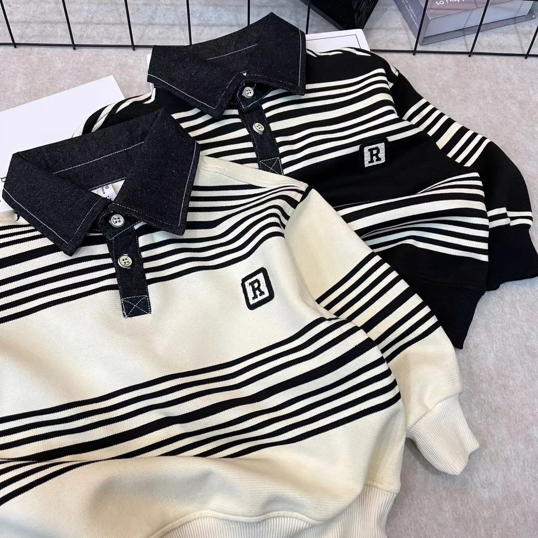 男童长袖polo衫2025年新款中大童韩版洋气卫衣时尚条纹男孩上衣