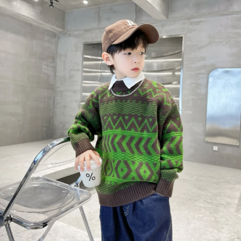 儿童加厚毛衣冬款中小童复古提花圆领女童针织衫韩版宝宝加厚打底