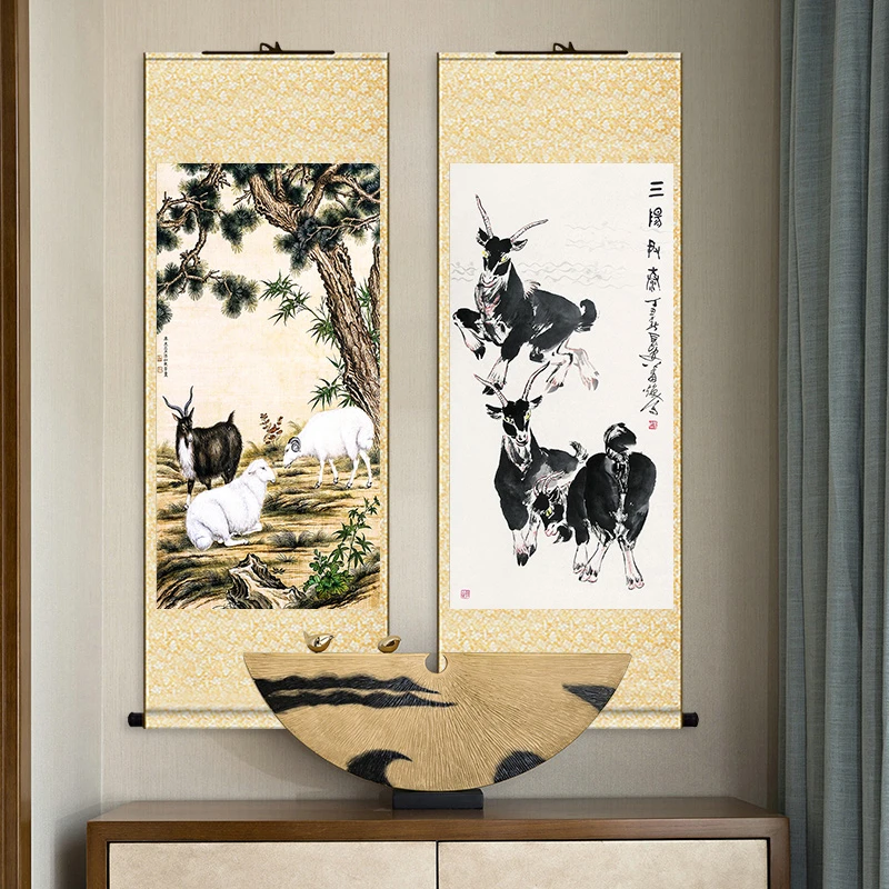 三羊开泰羊图卷轴挂画生肖羊画办公室客厅装饰画竖版字画送礼佳品