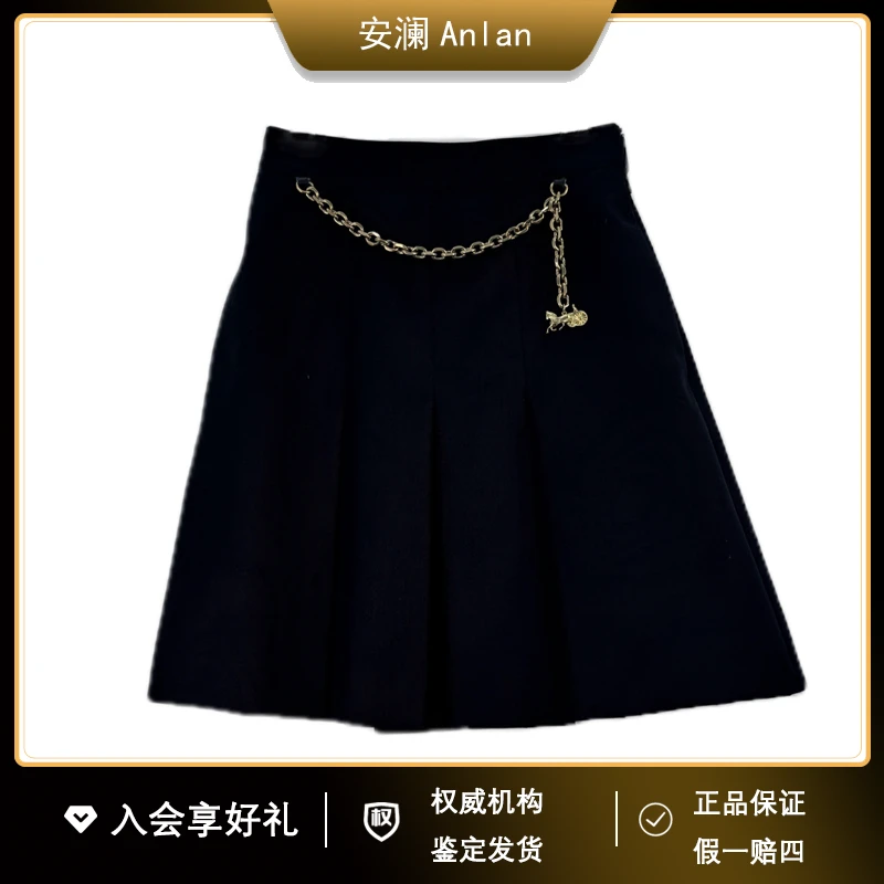 Celine/思琳马车金属链羊毛百褶短裙 34 腰围60裙长47 公价7475