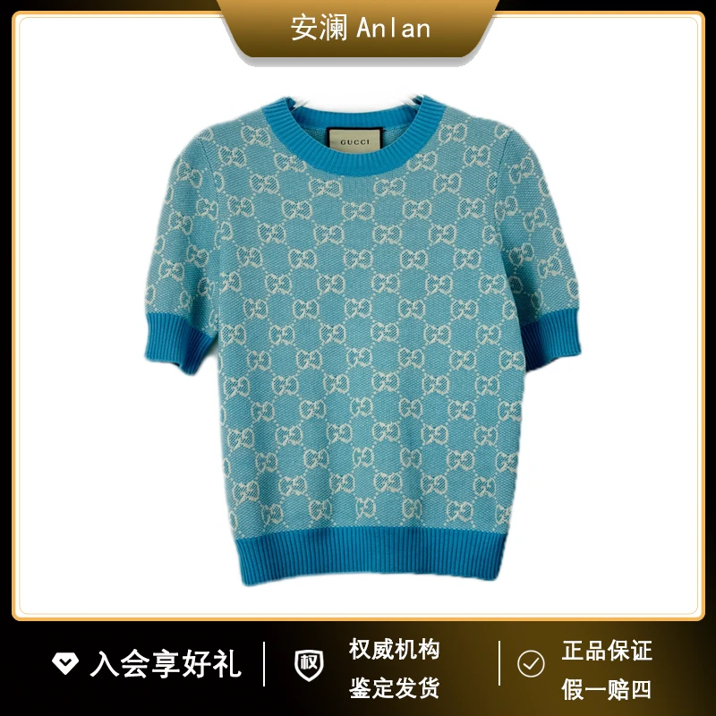 GUCCI/古驰天蓝色满经典logo短袖羊毛针织衫S胸围87肩膀38衣长55