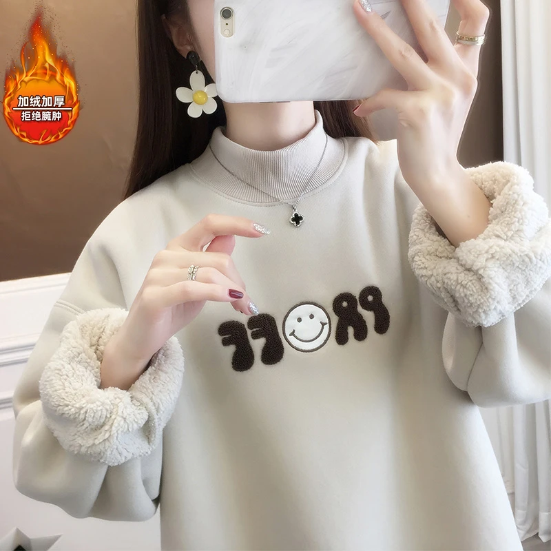 女童冬季加绒加厚卫衣2024冬季新款中大儿童洋气羊羔绒高领上衣潮