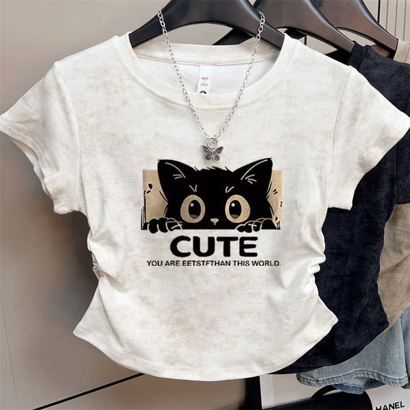 女童夏装卡通扎染短袖T恤2024夏季新款中大儿童褶皱收腰洋气上衣