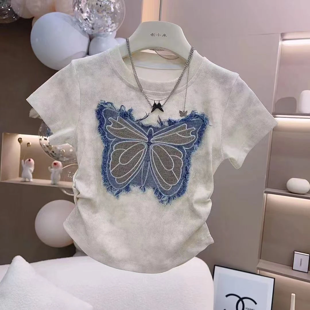 女童夏装洋气短袖T恤2025夏季新款中大儿童扎染褶皱时尚洋气上衣