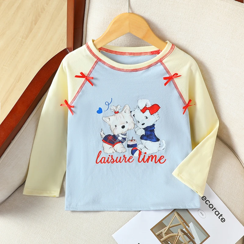 女童秋款T恤2024秋季新款女孩卡通狗狗拼接款休闲中大童洋气上衣