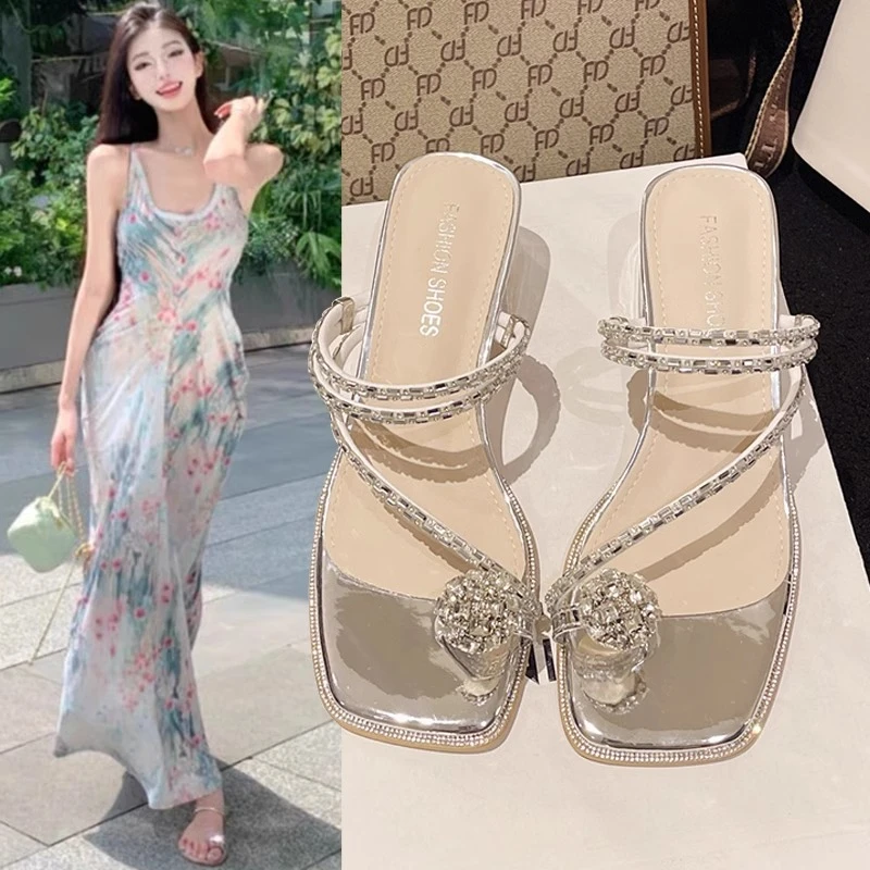 香港小众品牌撤柜时尚水钻透明粗跟拖鞋仙女气质法式精致高跟凉拖