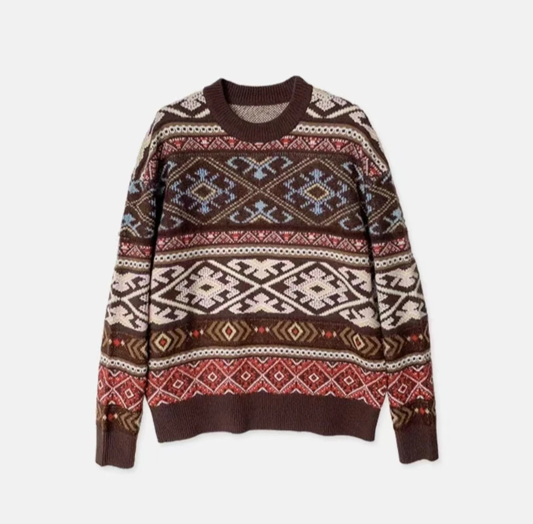 【糯】北欧费尔岛复古时尚圆领提花套头毛衣
