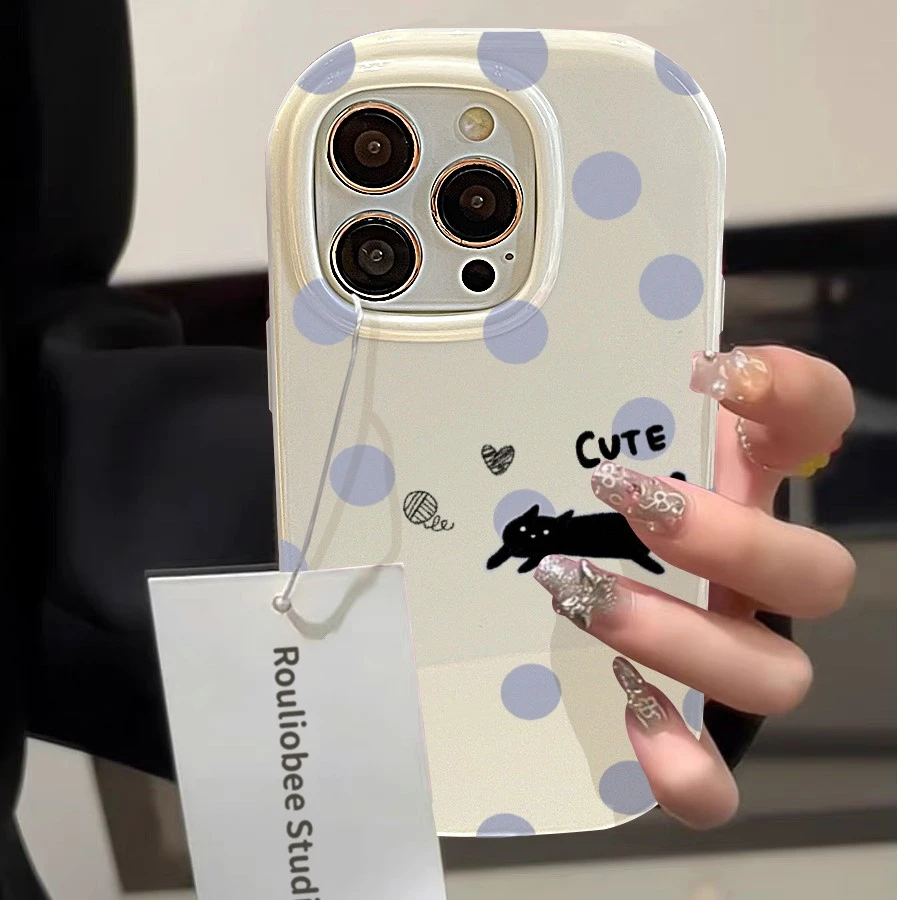 韩风ins波点猫咪插画适用iphone15promax苹果13手机壳12/11新款14