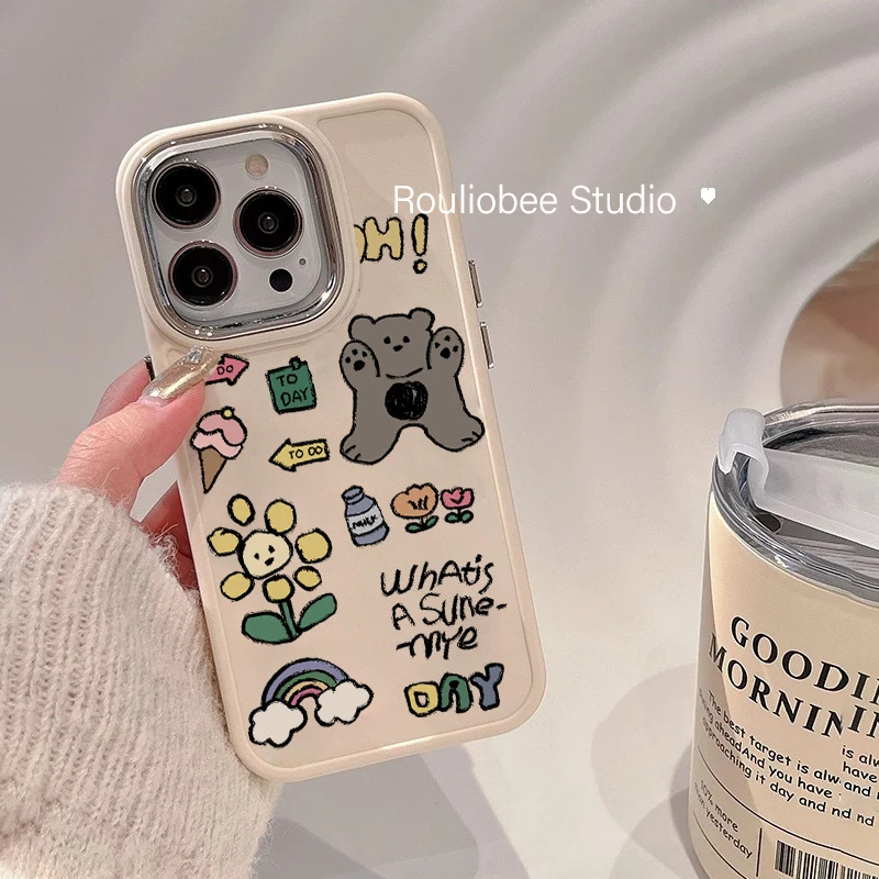 可爱卡通涂鸦小熊适用苹果13手机壳iphone14promax防摔12/11高级x