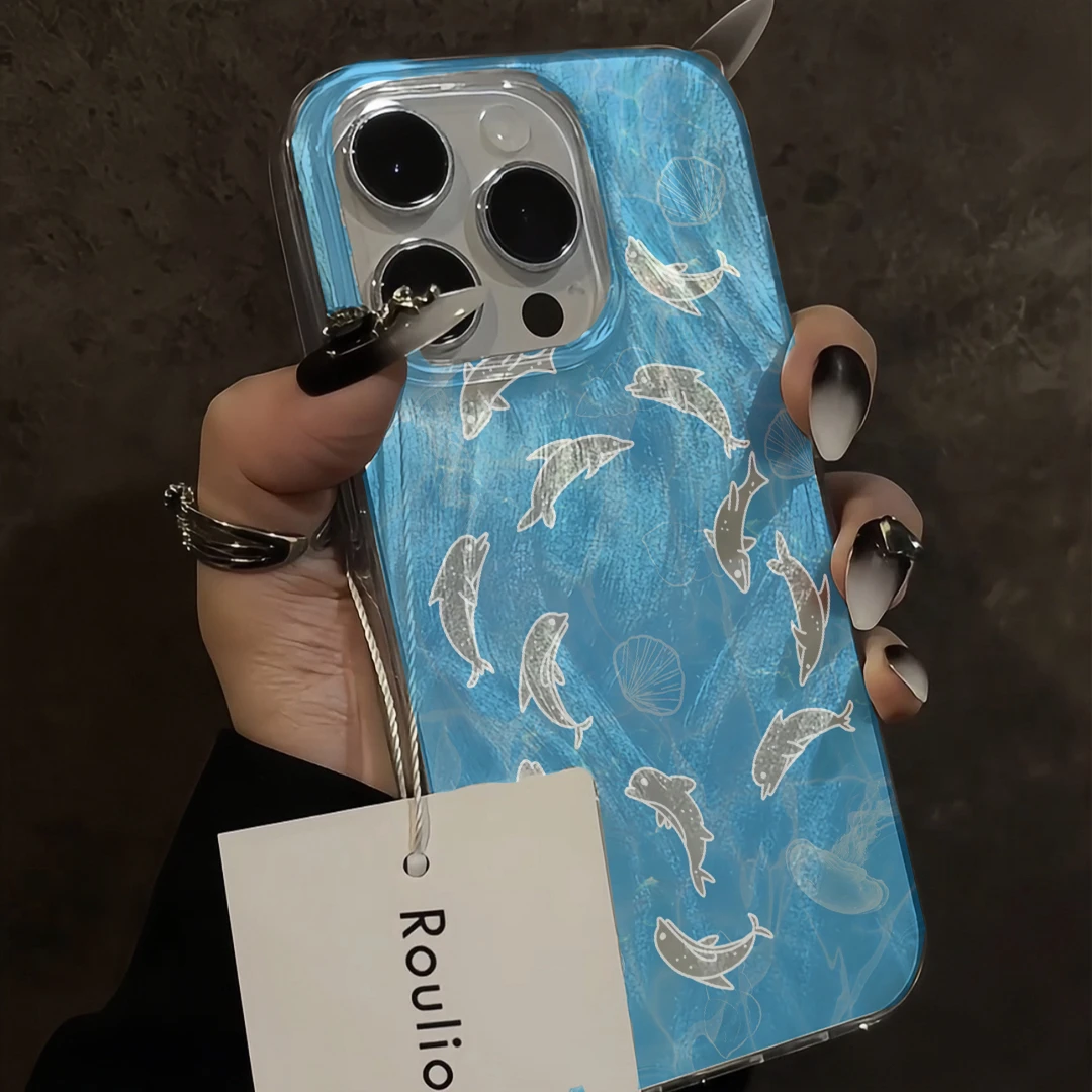小众海洋海豚羽纱纹适用iPhone15/14promax手机壳苹果13/12新款11