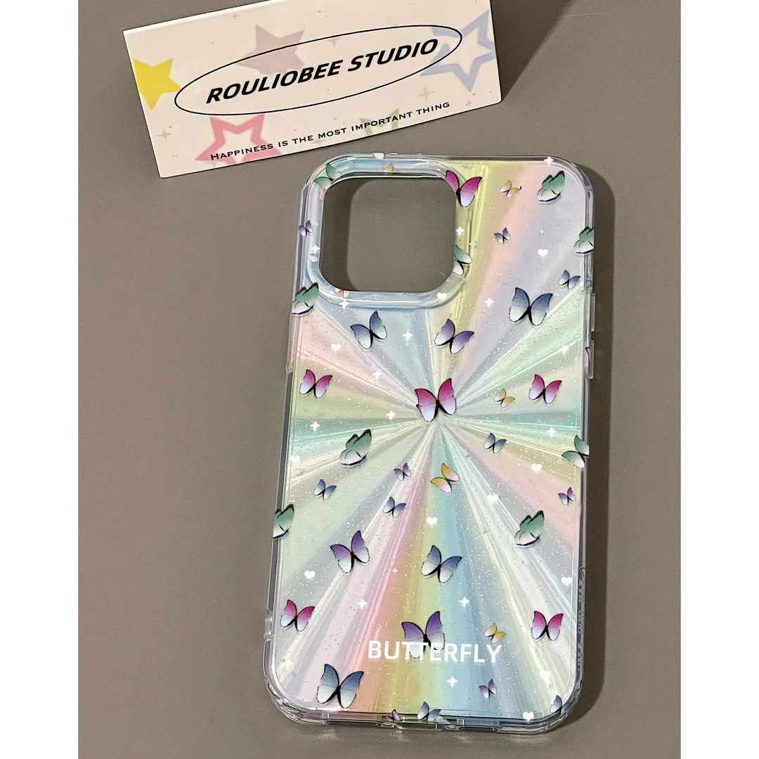 彩色蝴蝶极光细闪适用苹果15promax手机壳14全包iPhone13镭射11/x