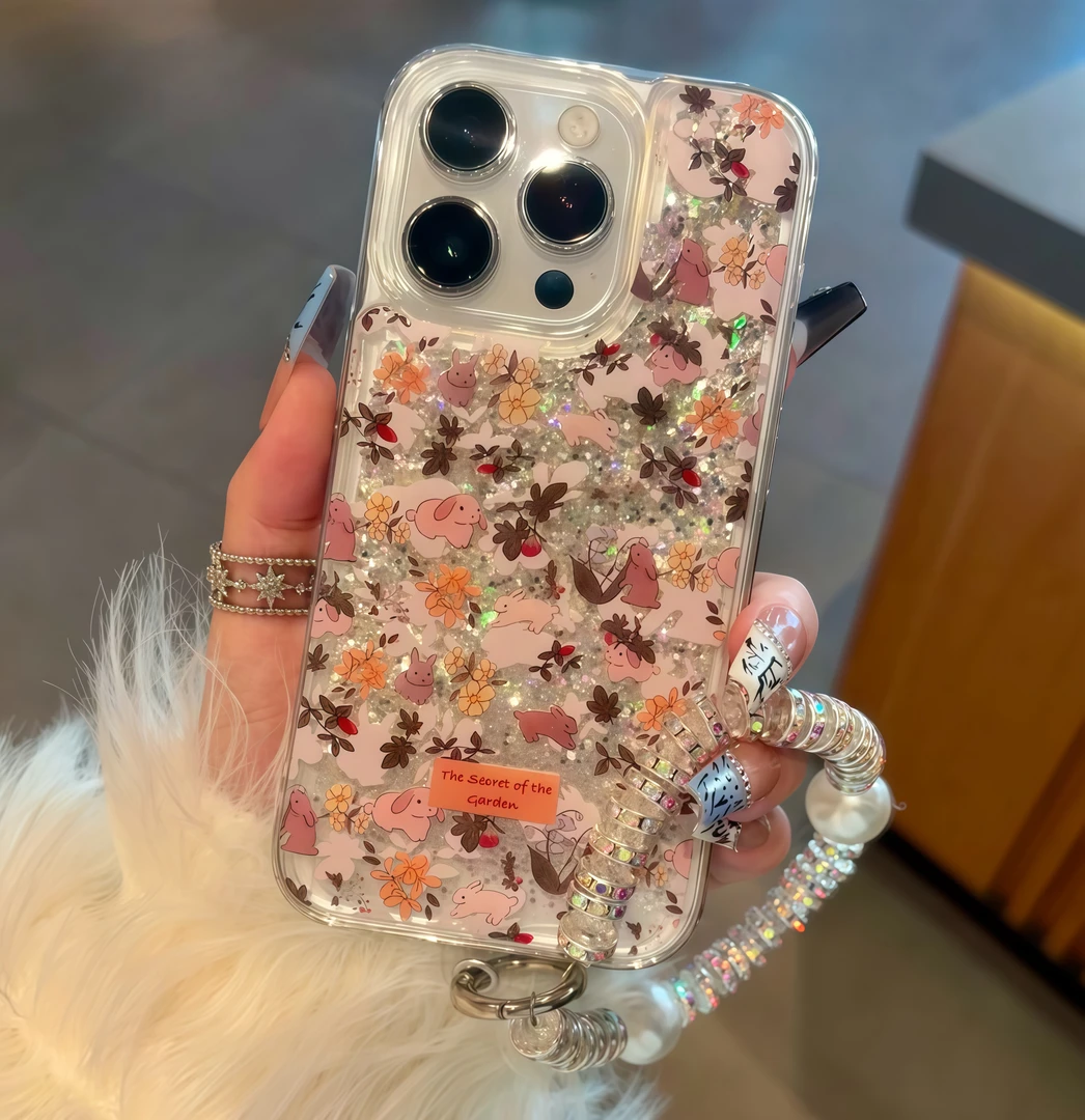 碎花兔子流沙壳适用iPhone16苹果13/15promax手机壳14/12/11软套