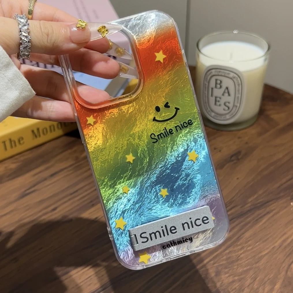 晕染彩虹笑脸支架适用苹果15/16手机壳华为p70oppo小米14vivo软套