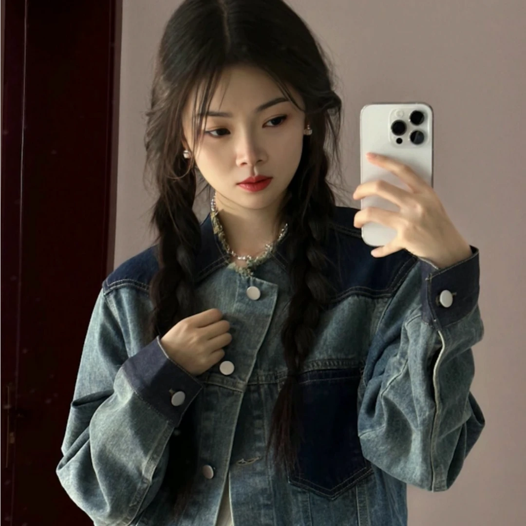 时尚休闲小众女装短款长袖独衣工作室女款宽松百搭拼接牛仔春秋