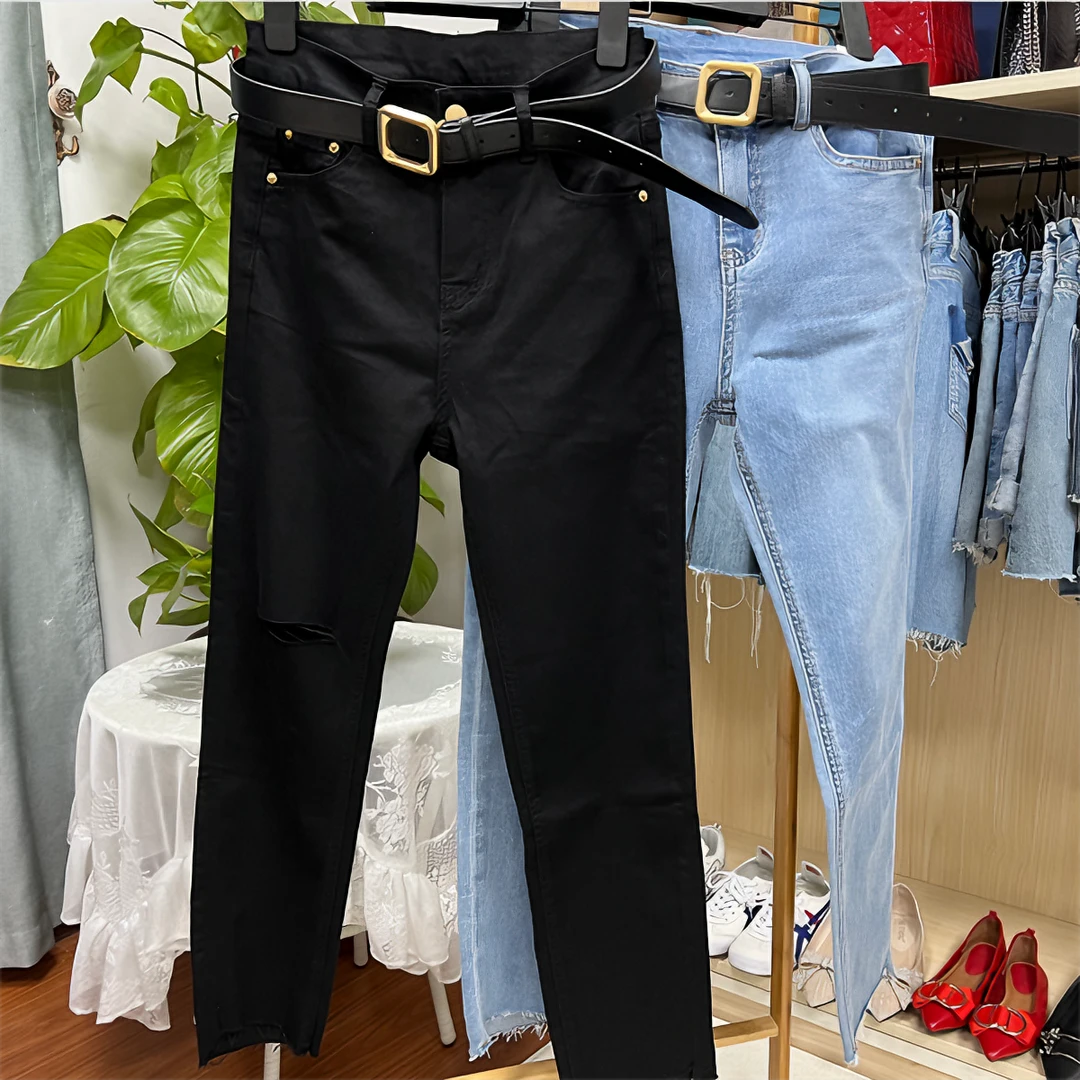 春夏浅蓝色黑色薄款中腰修身显瘦百搭小直筒割烂工艺烟管裤