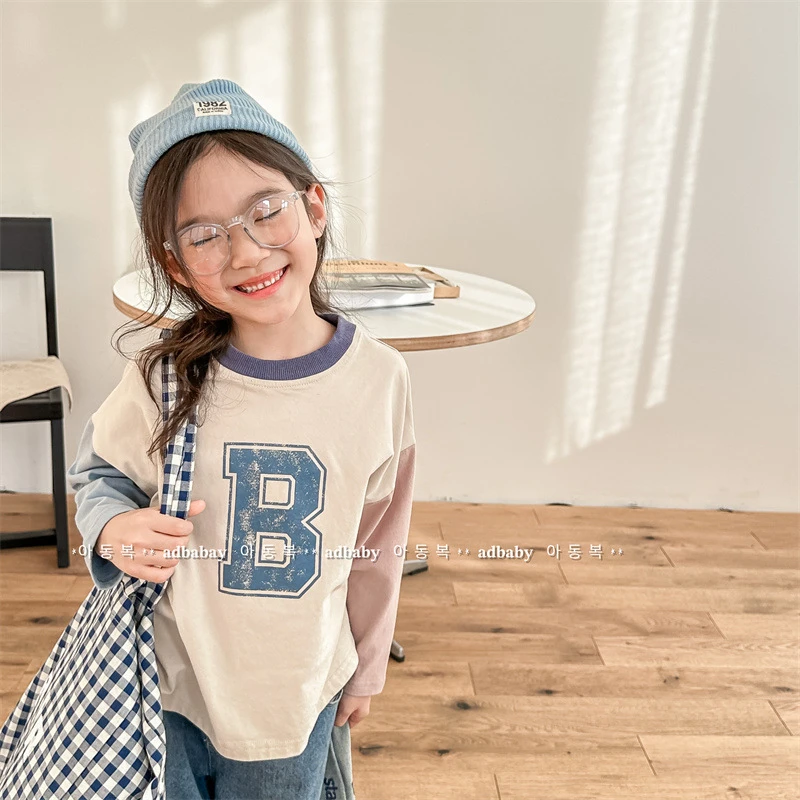 CoCoNut韩国春季儿童韩版长袖T恤插肩袖女童洋气撞色宝宝男童宽松