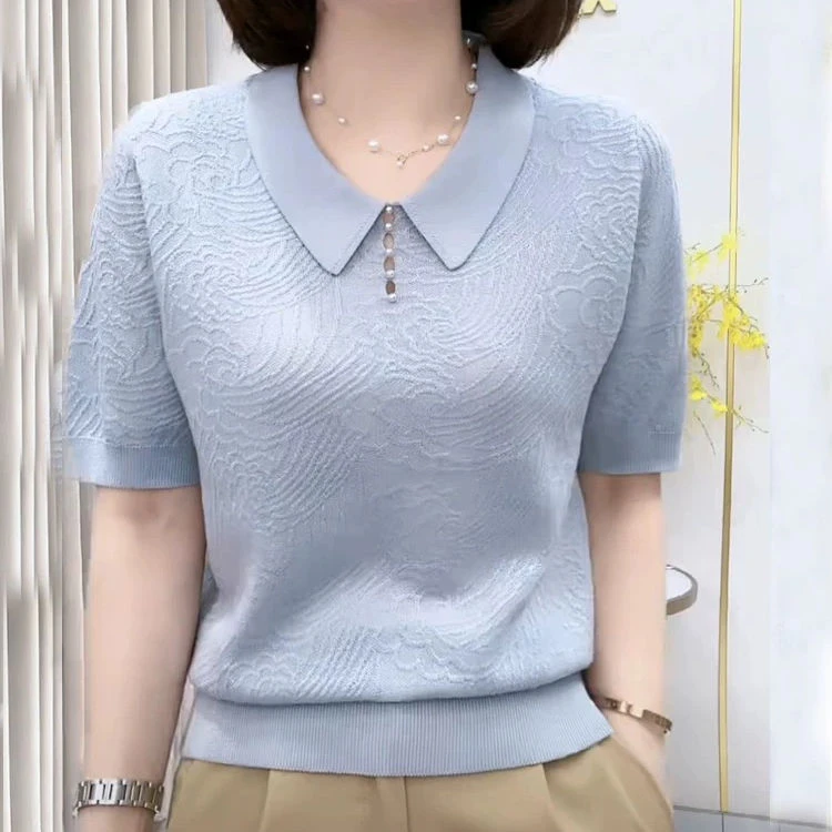女士薄款POLO领纯色针织衫洋气短袖T恤上衣宽松显瘦减龄打底毛衣